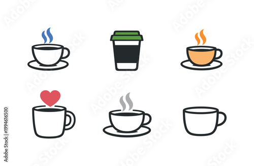 Set of six minimalist coffee and tea cup icons with steam, takeaway tumbler, saucers, heart accent, and warm beverage symbols on white