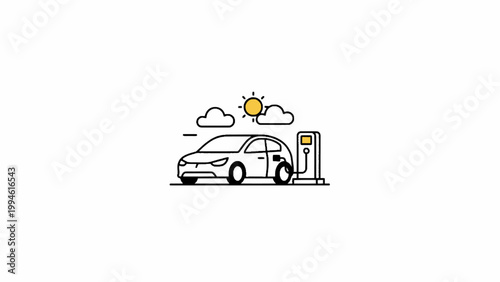 Electric Car Charging at EV Station Minimalist Line Art Illustration