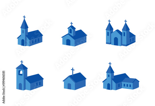 Set of blue isometric church buildings with steeples, crosses, and chapels, minimal geometric architecture icons on a white background