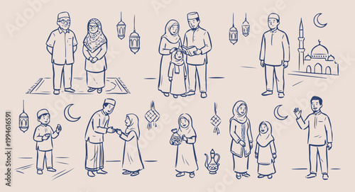 Islamic life and mosque scenes, muslim people in daily prayer, mosque architecture and religious doodle, traditional islamic greeting and culture, religious devotion and community life, hand drawn mus