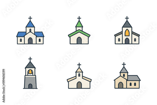 Set of six simple church building icons with crosses, steeples, towers, and arched doorways in flat vector style on a light background