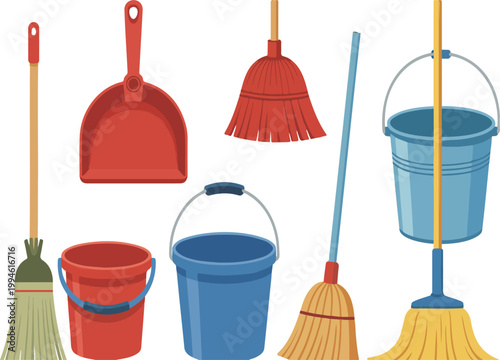 Flat minimalist illustration of cleaning tools set with brooms dustpans buckets and duster isolated on white background