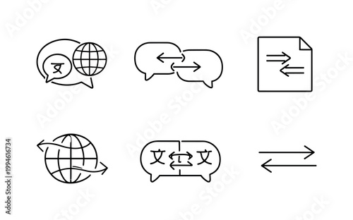 Minimal line icons illustrating language translation, multilingual chat, document localization, and global communication with arrows and globe symbols