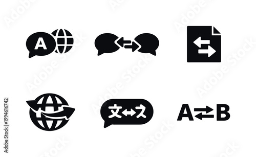 Set of translation and language exchange icons showing speech bubbles, globe symbols, document translation, and text conversion arrows in black silhouette