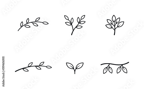 Minimal black line leaf and branch doodle set, simple botanical outline icons for decoration, logo design, stationery, and nature-themed graphics