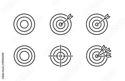 Minimal line icon set of bullseye targets with arrows and crosshair, showing accuracy, aim, goal achievement, and performance success concepts