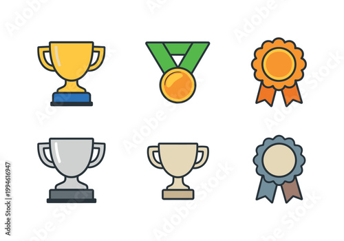 Set of award icons featuring trophies, medals, and rosette ribbons in gold, silver, and bronze styles for achievement and competition ranking