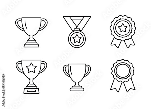 Set of outline award icons showing trophies, a star medal, and ribbon badges in simple line style for achievement, winning, and recognition graphics