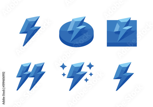 Set of blue lightning bolt icons in multiple styles, including circular and square badges, glossy 3D gradients, and minimalist energy symbols