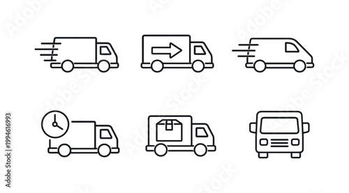 Set of minimalist line delivery trucks and vans icons showing transport, shipping, tracking, package cargo and front-view vehicle for logistics services