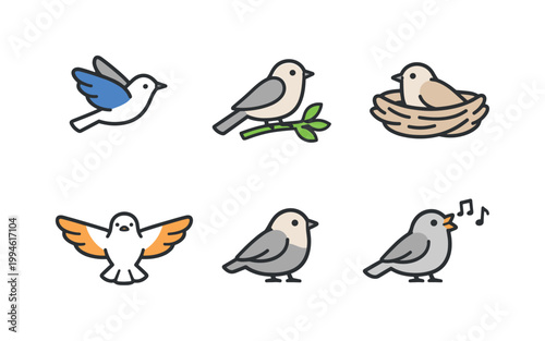 Set of cute minimalist bird doodle icons showing flying, perching on a twig, nesting, standing, and singing with musical notes in simple outline style