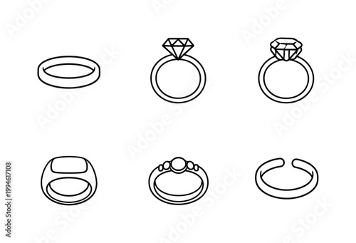 Minimal black outline ring icons set showing wedding bands, engagement rings with gemstones, and decorative jewelry silhouettes on white background