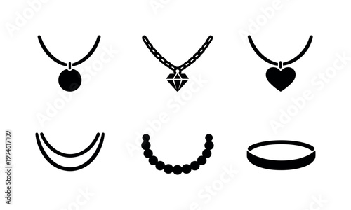Minimal black jewelry icon set featuring pendant necklaces, gemstone charm, heart locket, layered chains, beaded necklace, and a simple bracelet silhouette