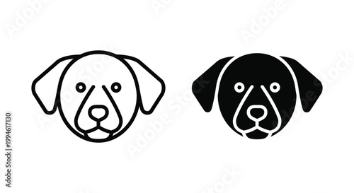 Minimalist dog head icons in outline and solid silhouette styles, perfect for pet care branding, veterinary clinic logos, and animal rescue website design.
