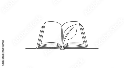 Open book with leaf illustration, single line art, symbol of nature, knowledge, growth