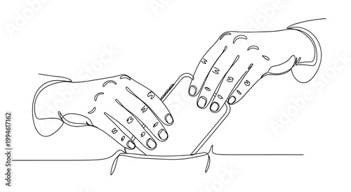 Close-up of hands holding a slice of bread for sandwich preparation, line art illustration