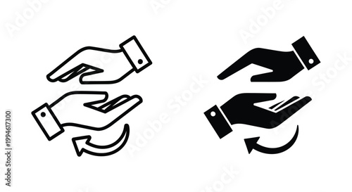Minimalist vector icons depicting hands in a circular motion to symbolize exchange, replacement, and sustainable recycling processes for modern business and service interface design.
