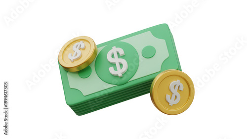 3d illustration of green banknotes and gold coins with dollar signs on transparent background