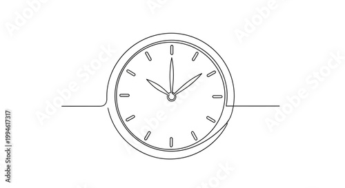 Minimalist continuous line drawing of a round analog clock face on a white background.