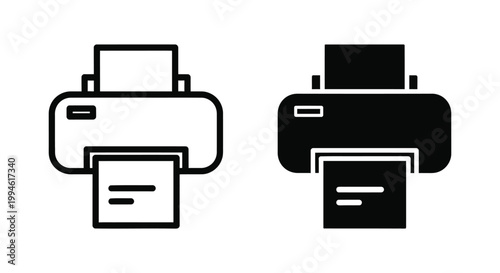 Professional printer icon set featuring outline and solid glyph styles for office document management, business printing services, and digital workflow interfaces.