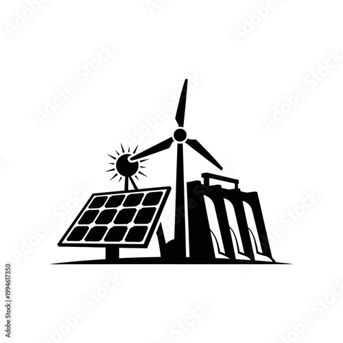Renewable Energy Sources - Solar Panel, Wind Turbine, and Hydroelectric Dam Icon.