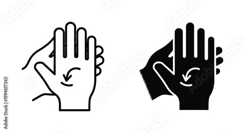 Set of minimalist hand washing and sanitizing icons illustrating the proper palm rubbing technique for effective hygiene, virus prevention, and healthcare safety protocols.