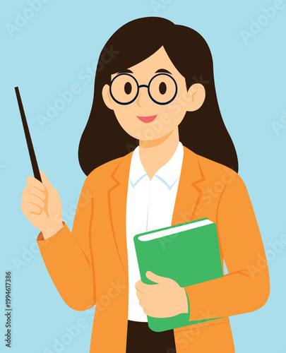 Smiling Female Teacher Character Holding Green Book and Pointer