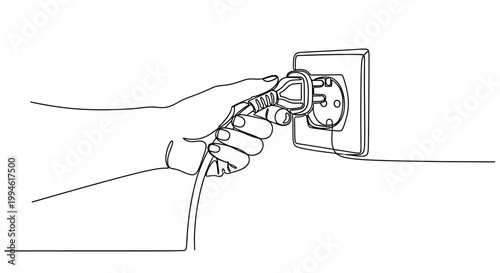 Hand plugging electrical cord into wall socket, one line art drawing