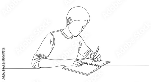 Boy Writing and Drawing in Notebook, Minimalist Line Art Illustration