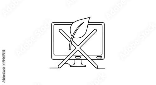 Eco-friendly technology concept, green leaf symbol on crossed-out computer screen, clean energy icon