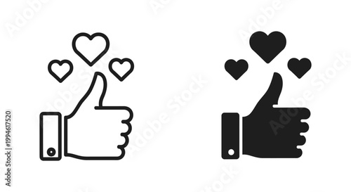 Minimalist thumbs up icons with hearts in outline and solid black styles for social media engagement, customer satisfaction, and positive feedback representation.