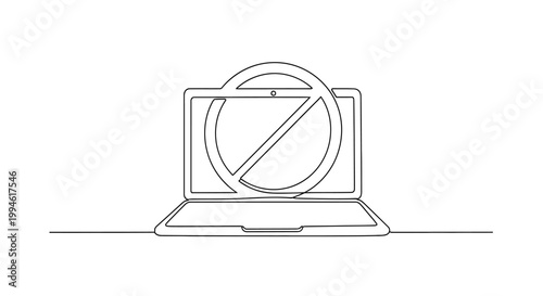 Laptop with prohibition sign, no computer access, internet ban, digital restriction concept