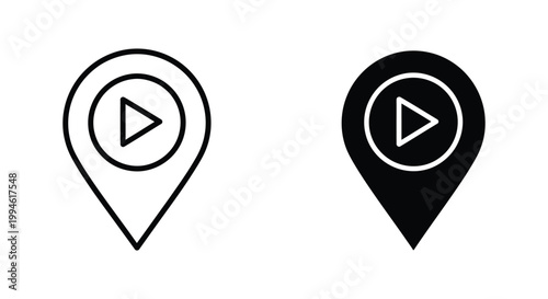 Set of minimalist map pin location markers featuring integrated play button symbols, ideal for digital navigation apps, travel vlogging platforms, and multimedia streaming services.