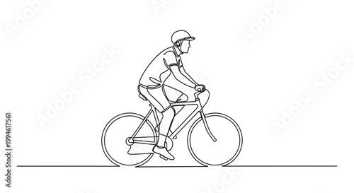 Continuous line drawing of a cyclist on a bicycle, side view, white background.