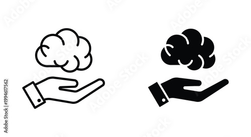 Minimalist vector icons of a hand cradling a brain, representing mental health support, psychological care, and cognitive wellness for medical and educational design.