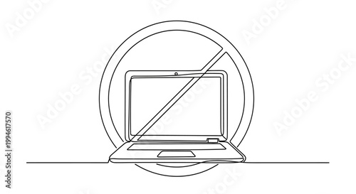 Laptop computer with prohibition sign vector illustration, no laptop symbol, isolated on white background