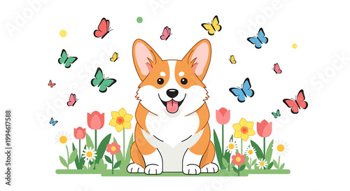 Adorable Pembroke Welsh Corgi Dog Surrounded by Butterflies and Flowers.