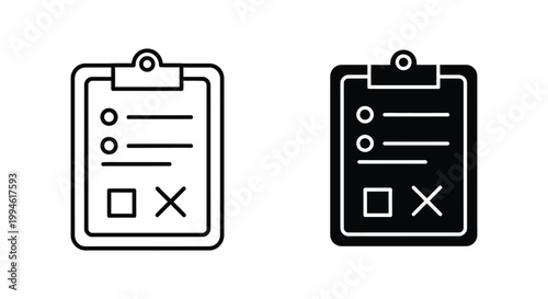 Minimalist clipboard icons in outline and solid styles featuring a checklist with a cross mark for task management, business surveys, and project tracking.