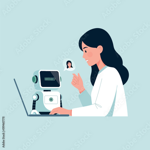 Human and robot interaction a woman communicates with an ai companion