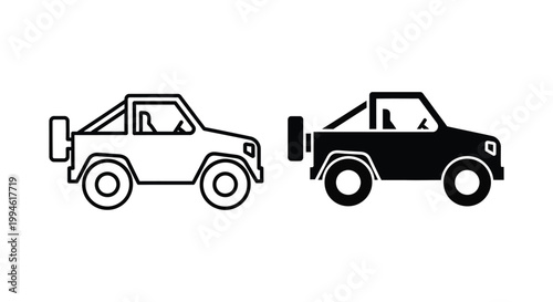 Schilderij op canvas Minimalist off-road 4x4 vehicle icons featuring outline and solid silhouette sty