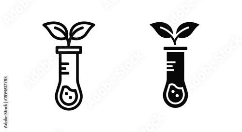 Minimalist biotechnology icons featuring a seedling growing from a laboratory test tube, representing sustainable research, green energy innovation, and scientific botanical experiments.