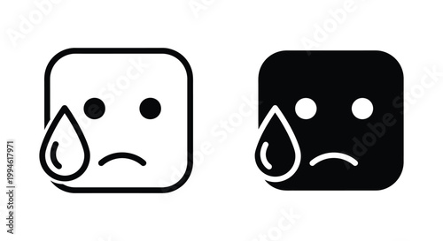 Minimalist Sad Face Icons with Tear Drop in Outline and Solid Styles for Expressing Grief, Stress, or Anxiety