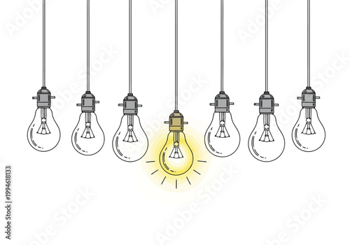 One glowing light bulb standing out from a row of unlit bulbs