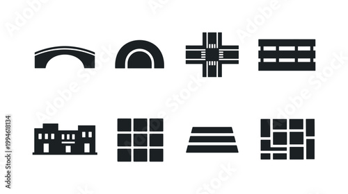 Minimal black construction and architecture icons set featuring bridge arches, road intersection, railway tracks, building facade, grid and paving patterns