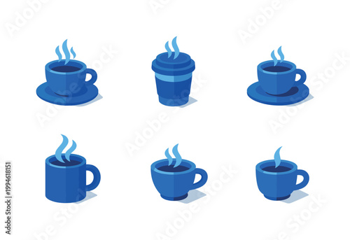 Set of blue steaming coffee cups and takeaway mug icons, minimal flat vector illustration of hot beverages on a clean white background