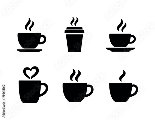 Set of six black silhouettes of hot coffee drinks including steaming cups, takeaway mug, saucer cups, and heart latte icon on white background