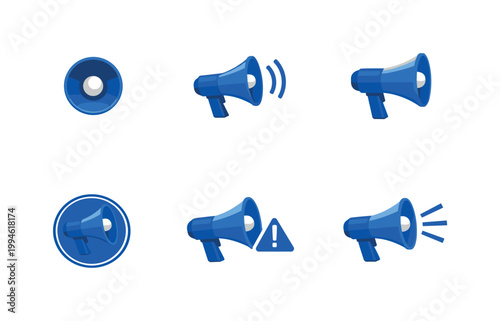 Set of blue megaphone icons in multiple views with sound waves, warning symbol, and circular badge style on a clean white background