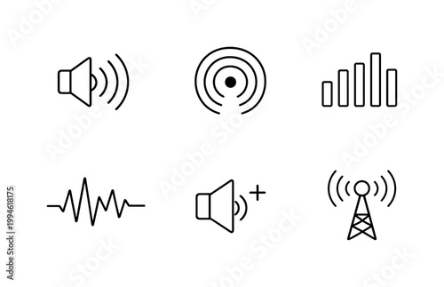 Minimal line icon set of audio and wireless signal symbols including speaker, soundwave, broadcast waves, equalizer bars, volume control, and antenna