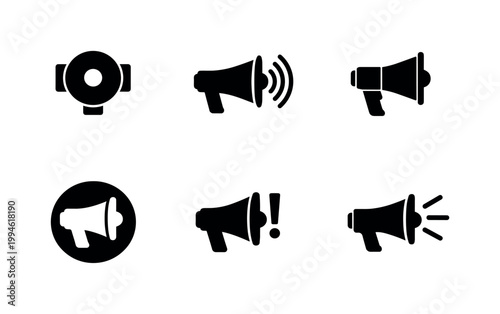 Black megaphone and siren icon set showing loudspeaker announcements, alert signals, and warning symbols in minimalist silhouette style on white