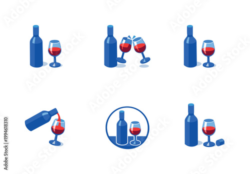 Minimal vector set of blue wine bottle and red wine glass icons showing pouring, toasting, standing bottle and glass combinations on white background